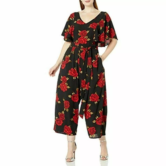City Chic Jumpsuit Red Rose Black Plus Size 14 wide leg pockets